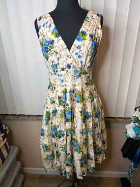 Aryeh Blue Yellow Floral Pleated Lined Midi 100% Cotton Dress Size Medium